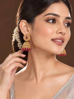 Niscka - Gold Plated Pink Beaded Traditional Jhumka Earrings