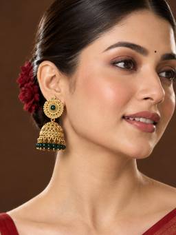 Niscka - Gold Plated Green Beaded Traditional Jhumka Earrings