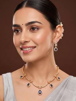 Niscka - Gold Plated Blue Stone Floral Necklace and Earrings Set