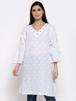 DART STUDIO - Cotton Polka Dot Kurta With Hand Embroidery -White