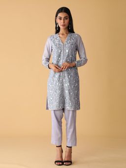 Zeefaa - Dusky Periwinkle Jacket Style Kurta Set (3 Pcs)