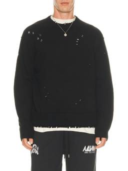 ALLSAINTS - Wolf Men's Distressed Ribbed Trim Crew Neck Sweater Black