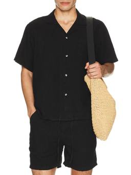 Bather - Linen Men's Lightweight Button-Front Camp Collar Shirt Black