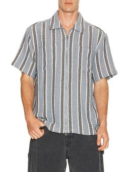 Brixton - Dexter Textured Stripe Men's Zip-Front Short Sleeve Shirt Blue