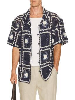 CHE - Tejer Men's Crochet Short Sleeve Button-Down Shirt Navy Blue