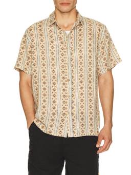 Critical Slide - Highline Men's Printed Cotton Linen Blend Short Sleeve Shirt Beige
