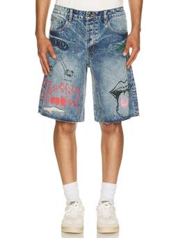Diet Starts Monday - Doodle Men's Graphic Frayed Hem Denim Shorts Blue