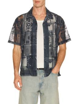 HUF - Global Currency Men's Printed Mesh Button-Down Shirt Navy Blue