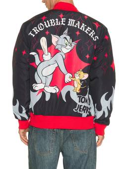 REASON - Tom & Jerry Men's Lightweight Ripstop Varsity Bomber Jacket Black
