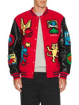 REASON - Keith Haring Men's Graphic Faux Leather Sleeve Varsity Jacket Red