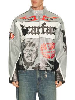 REASON - Graphic Print Men's Moto Pu Jacket Grey