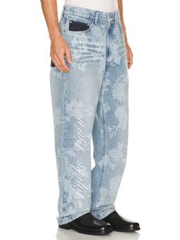 Ryoko Rain - Laser Engraved Men's Floral Straight-Leg Jeans Blue