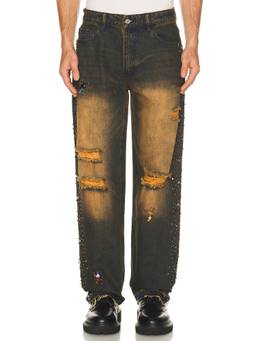 Ryoko Rain - Vintage Washed Men's Studded Distressed Straight Jeans Black