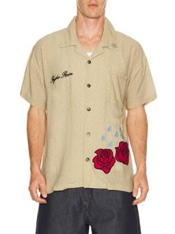 Ryoko Rain - Linen Button-Up Men's Printed Short Sleeve Shirt Beige