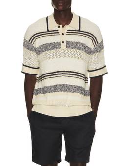 SCOTCH & SODA - Structured Men's Dropped Shoulder Striped Knit Polo T-Shirt Cream