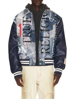 True Religion - Denim Print Men's Quilted Faux Leather Bomber Jacket Navy Blue