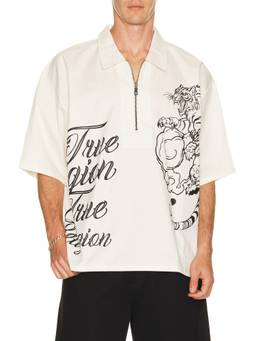 True Religion - Half Zip Men's Tiger Graphic Short Sleeve Shirt White