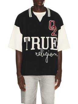 True Religion - Knitted Men's Oversized Graphic V-Neck Polo T-Shirt Black