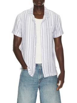 Vintage Summer - Basket Weave Men's Striped Camp Collar Button-Down Shirt White