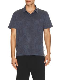 Vintage Summer - Performance Pique Men's Leaf Print Polo T-Shirt Navy Blue