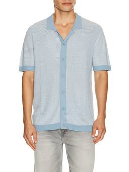 Vintage Summer - Sweater Knit Men's Textured Short Sleeve Button-Down Shirt Blue