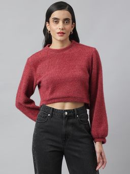 Latin Quarters - Maroon Full Sleeve Round Neck Solid Regular Crop Sweatshirt