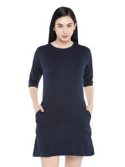 Status Mantra - Women Navy Blue Solid/Plain T-shirt Mini Dress