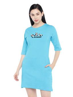Status Mantra - Women Blue Typography T-shirt Mini Dress
