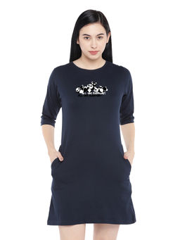Status Mantra - Women Navy Blue Typography T-shirt Mini Dress