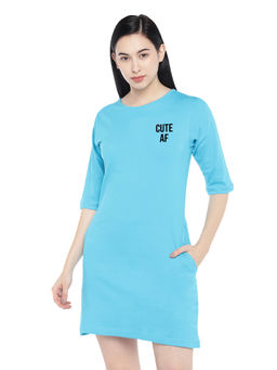 Status Mantra - Women Blue Typography T-shirt Mini Dress