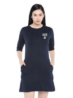 Status Mantra - Women Navy Blue Typography T-shirt Mini Dress