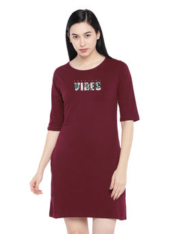 Status Mantra - Women Maroon Typography T-shirt Mini Dress