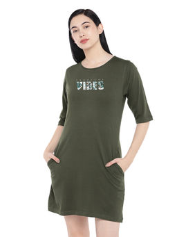 Status Mantra - Women Olive Typography T-shirt Mini Dress