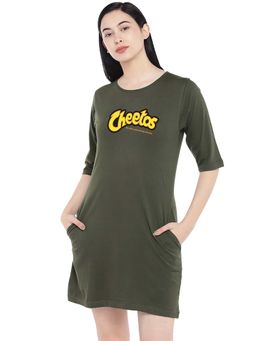 Status Mantra - Women Olive Typography T-shirt Mini Dress