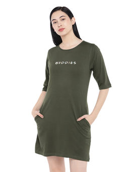 Status Mantra - Women Olive Typography T-shirt Mini Dress