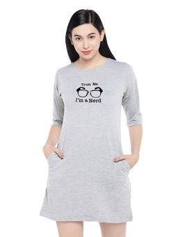 Status Mantra - Women Grey Typography T-shirt Mini Dress