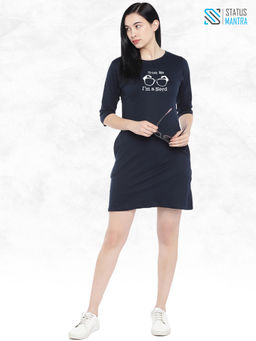 Status Mantra - Women Navy Blue Typography T-shirt Mini Dress