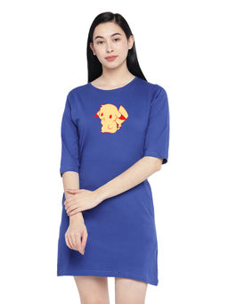 Status Mantra - Women Navy Blue Typography T-shirt Mini Dress