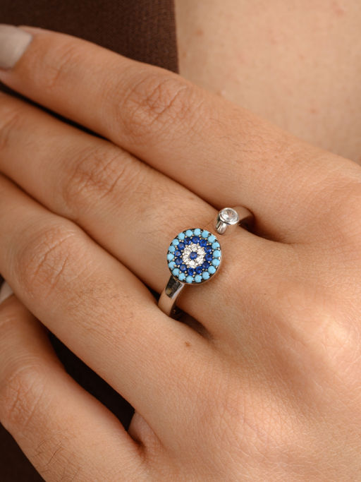 METALM Evil Eye Ring with Multicolor CZ Diamonds Accents - Spiritual Protection Silver Jewelry