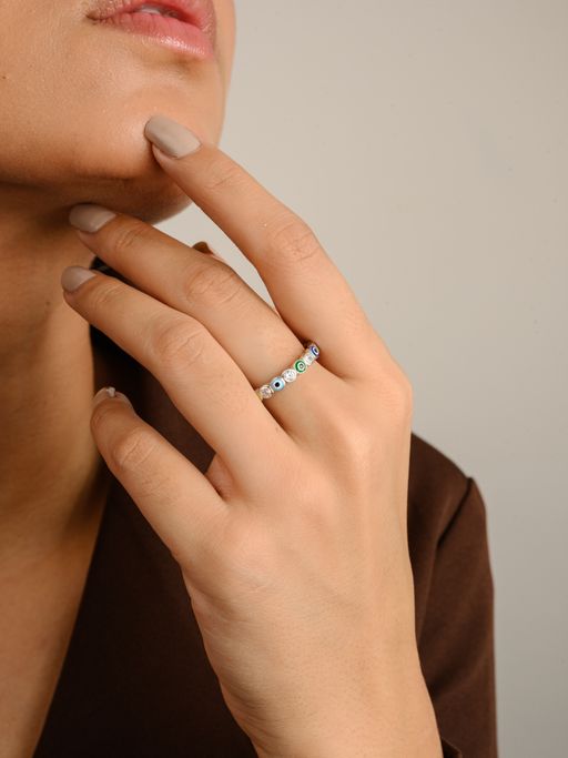 METALM Evil Eye Eternity Ring with Multicolor CZ Diamonds in 925 Silver