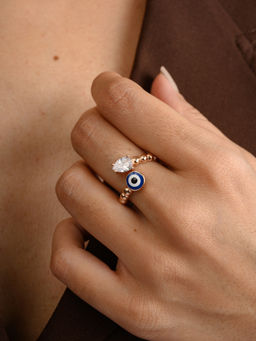 METALM - Evil Eye Adjustable Ring with Pear Cut CZ Diamond - Rose Gold finish Silver Jewelry for Women