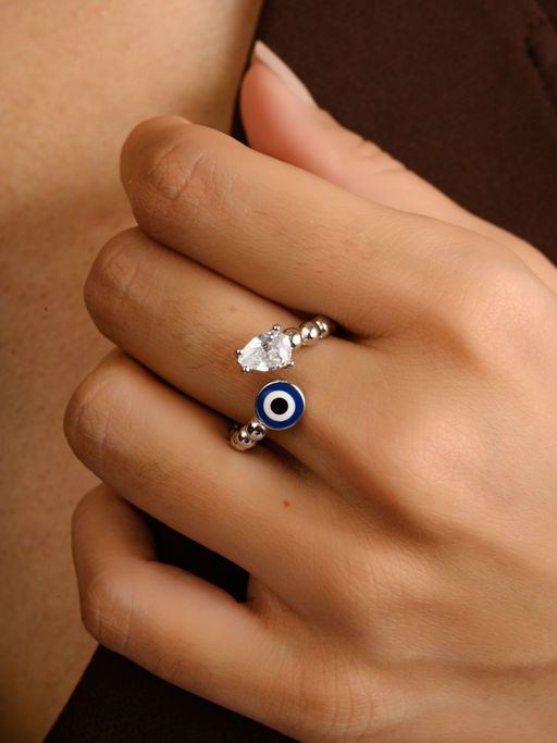 METALM Adjustable Blue Evil Eye Ring in 925 Silver with Pear Cut CZ Diamond in White Gold Finish