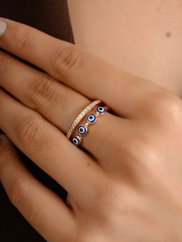 METALM - Rose Gold Plated White CZ Evil Eye Ring in 925 Silver