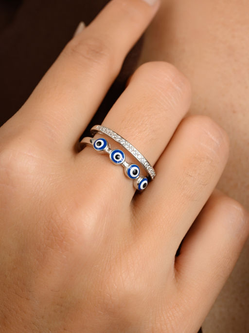 METALM 4 Evil Eye Adjustable Ring in 925 Silver - Spiritual Protection Jewelry for Women