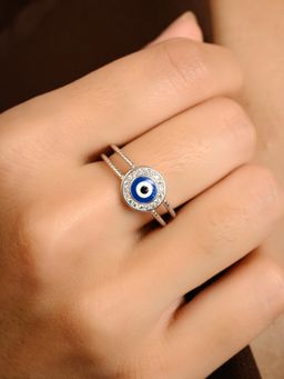 METALM - White CZ Evil Eye Adjustable Ring in 925 Silver