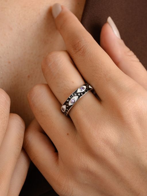 METALM Midnight Black Evil Eye Band Ring in 925 Silver