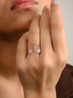 METALM - Hamsa Hand Rose Gold Plated Open Ring in 925 Silver