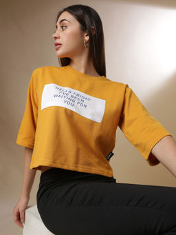 Campus Sutra - Yellow Women Printed Casual Crop Sweatshirt
