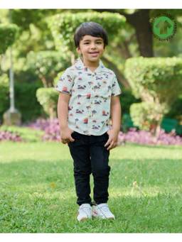 SWEETLIME BY AS - Palm Trees and Sunset Print Cotton Linen Shirt - Beige