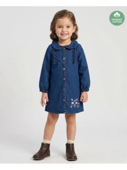 SWEETLIME BY AS - Embroidery Cotton Denim Knee Length Dress Navy Blue